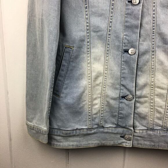 LulaRoe Denim Jacket Jaxon Longer Distressed Bleached Jean Jacket, Size Medium‎ - Picture 2 of 8